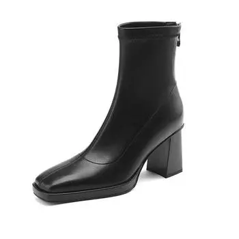 Krazing Pot, зимние ботинки из искусственной кожи с квадратным носком, современные ботинки на толстом высоком каблуке, женские офисные женские ботильоны на молнии, эластичные базовые ботильоны на платформе