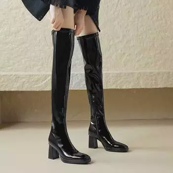 Krazing Pot, зимние конные ботинки из искусственной кожи с квадратным носком, на толстом высоком каблуке, женские эластичные сапоги выше колена на молнии для молодых леди 34 чёрный