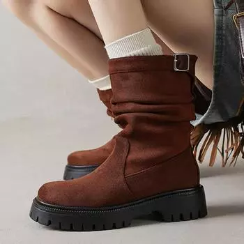 Krazing Pot Зимние модные женские сапоги из флока с круглым носком и средним каблуком, элегантные женские сапоги до середины икры в стиле ретро с металлической пряжкой 34 чёрный