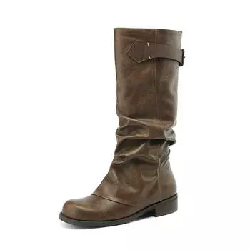 Krazing Pot Зимние мотоциклетные ботинки из микрофибры на толстом каблуке с круглой подошвой на платформе для женщин, сохраняющие тепло, с плиссированными украшениями, высокие сапоги до бедра 34 чёрный