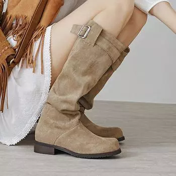 Krazing Pot Зимние сапоги для верховой езды на толстом каблуке из флока, женские, с круглым носком, сохраняющие тепло, с металлическими пряжками, высокие сапоги 34 чёрный