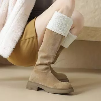 Krazing Pot, зимние сапоги из флока с круглым носком, на толстом среднем каблуке, женские сапоги до бедра без шнуровки в стиле ретро 34 чёрный