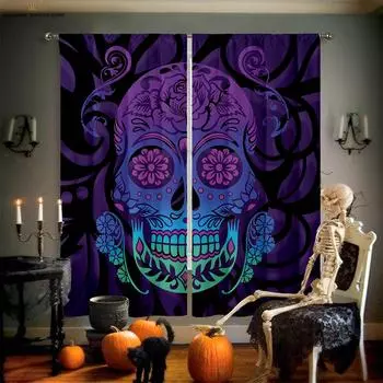Креативная 3D-печатная занавеска с изображением черепа и цветка, спальня, гостиная, ресторан, украшение для вечеринки на Хэллоуин, 2 шт. W50X130H(CM)X2PCS&Grommet Top