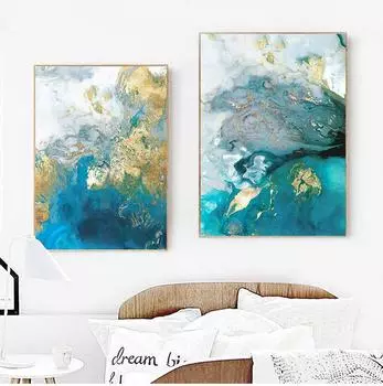 Креативная абстрактная акварель, синий, золотой рендеринг, современная декоративная картина, холст, настенный художественный постер для комнаты, отеля, офиса, декор без рамки 21*30cm
