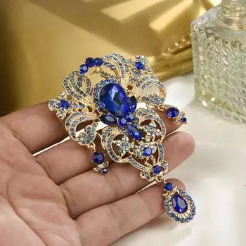 Креативная брошь-корона из сплава, женская нагрудная цветочная женская ювелирная бижутерия с цветными водными бриллиантами и каплями воды One Size синий