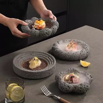 Креативная цементная тарелка для стейков Тарелка для сухого льда Суши Сашими Тарелка для демонстрации молекулярной кухни Специальная ресторанная посуда