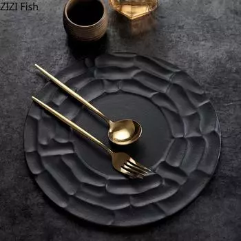 Креативная черная керамическая десертная тарелка для семейного ужина, жареного мяса, стейка, скандинавского ресторана, украшения еды, фруктового салата