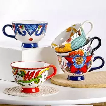 Креативная цветная чашка для завтрака с цветочным узором Персонализированная высокая кружка для чая Пасторальная фарфоровая чашка для латте капучино молоко какао хлопья 500ML