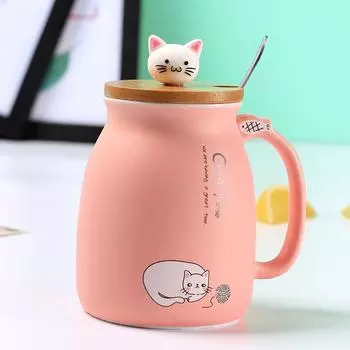 Креативная цветная кружка с котом, мультяшная крышка, 500 мл, чашка для кофе, керамические кружки, чашки, офисная посуда для напитков, подарок 401-500ml розовый