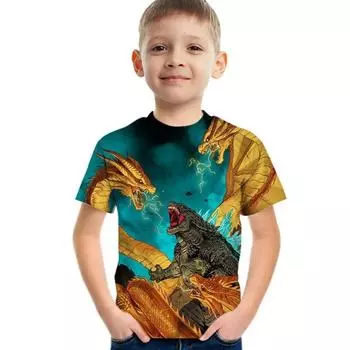 Креативная футболка для мальчиков с 3D-принтом «Динозавр и дракон», повседневные легкие удобные футболки с коротким рукавом и круглым вырезом, детская одежда 170