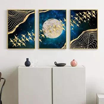 Креативная геометрическая тройная декоративная картина с золотыми птицами для дома, гостиной, крыльца, подвесная картина, фреска, безрамная картина, ядро 20x30cm No Frame джинсовый синий