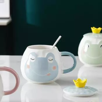 Креативная и персонализированная керамическая чашка с крышкой, кружка, сувенирная мультяшная чашка для воды, высокая бытовая чашка с ложкой 400ML