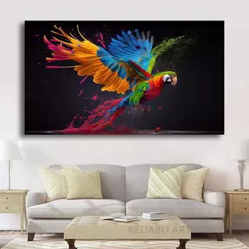 Креативная идея: всплеск цвета, становящийся попугаем, холст, картина, постеры с животными, ара и принты для декора гостиной, Cuadros 20x40cm Unframed