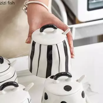 Креативная керамическая банка для приправ с ложкой, нарисованная вручную банка для соли, банка для специй, банки для конфет, банки для перца, кухонный инструмент для приправ