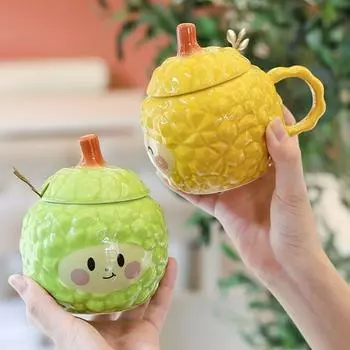Креативная керамическая чашка из дуриана, забавная красивая кружка с крышкой, забавный мультяшный подарок, вода Green Durian Cup