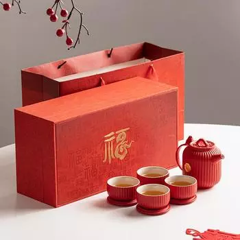 Креативная керамическая красная чашка для чая в придворном стиле, мастер-чашка, одинарная чашка, подставка для чая, свадебный чайный сервиз, парная чашка для мужчин и женщин A pot of four cups in a gift box. красный