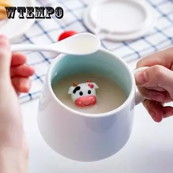 Креативная керамическая кружка с крышкой, ложка, милая женская корейская чашка для завтрака с водой, чашка для чая и кофе с молоком One size