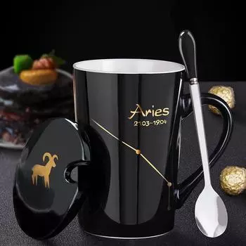Креативная керамическая кружка - Созвездия зодиака с крышкой и ложкой, идеальный подарок для пар 301-400ml