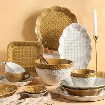 Креативная керамическая тарелка с рельефным рисунком, модная классика, нестандартные тарелки для стейков, вкусные блюда, суповые миски, изысканная столовая посуда