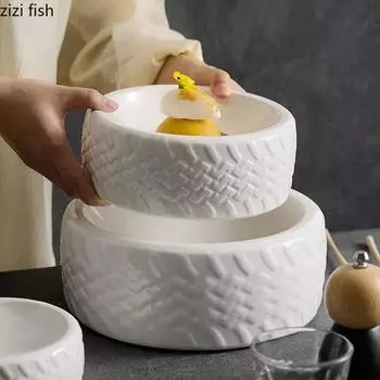 Креативная керамическая тарелка в форме покрышки, ресторанная суповая тарелка, десертная тарелка, тарелки для закусок, тарелки для пасты, однотонная столовая посуда