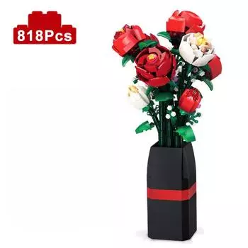 Креативная красная роза Ваза Растения Модель Строительные блоки Moc Романтичные Классические Цветы Букет Горшечные кирпичи Игрушки Подарок на День Святого Валентина