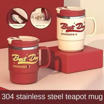 Креативная кружка из нержавеющей стали 304 с ложкой, ситечком для чая, кофейной чашкой, эстетически привлекательной для офиса с крышкой, кружкой для воды 550ML
