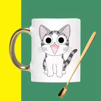 Креативная кружка с изображением кота из мультфильма и ложкой, 400 мл чашка для чая, кофейная керамическая кружка, офисная кружка, офисная посуда, пара кружек, подарок 301-400ml