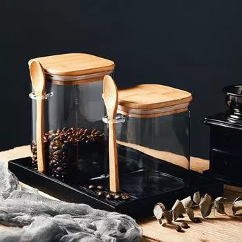 Креативная квадратная стеклянная герметичная банка для хранения с деревянной ложкой, коробка для приправ, банки для кофейных зерен, бытовые банки для сухого молока, чайные банки, подарок 600ML