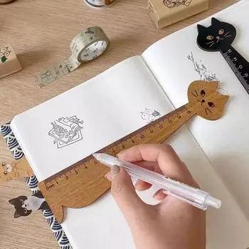 Креативная линейка для рисования с мультяшным котом, милая деревянная прямая линейка, инструменты, канцелярские принадлежности, ретро школьные принадлежности, корейские офисные измерения чёрный