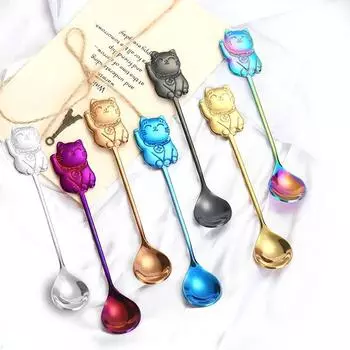 Креативная ложка из нержавеющей стали 304 с мультяшным котом удачи в подарок, ложка для перемешивания кофе, ложка для мороженого, десертная ложка, товары для дома sliver