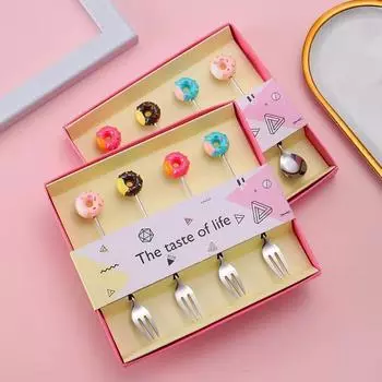 Креативная ложка из нержавеющей стали, милый мультяшный пончик, кофейная десертная ложка, фруктовая ложка, вилка, подарочная коробка, набор столовых приборов