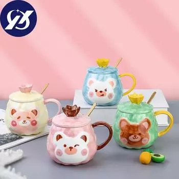 Креативная мультяшная чашка с медведем, керамическая кружка с ручной росписью и крышкой, пара, чашка для кофе, молока, домашнего офиса, логотип 301-400ml