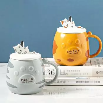 Креативная мультяшная милая кружка с котенком и крышкой для ложки Кружки Новогодние кружки Кофейные чашки Кружка для чая Чашка кофе Посуда для напитков Оригинальная 400ml