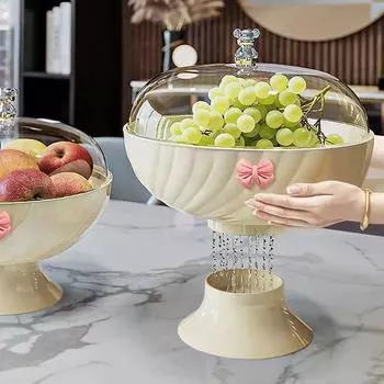 Креативная новая прозрачная тарелка с фруктами на высоких ножках, покрытая лентой, бытовая тарелка с медведем для гостиной Drain fruit pan-A