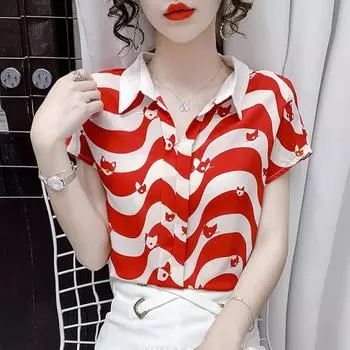 Креативная полосатая рубашка с котом, женские свободные топы с принтом, летние повседневные топы с коротким рукавом на одно плечо, женская блузка, модная одежда S красный