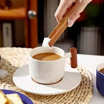 Креативная ретро керамическая кружка с деревянной ручкой, изысканная чашка для кофе эспрессо, завтрака, молока, чая, набор чашек, подарочная посуда 130ml зелёный