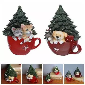 Креативная рождественская чашка, статуэтки котят, мультяшные поделки из смолы, светящаяся новогодняя елочная чашка, чайная чашка в форме батарейки