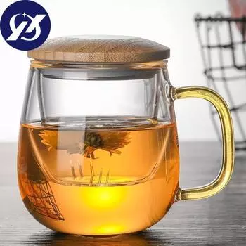 Креативная стеклянная чашка для заварки чая с прозрачной ручкой-фильтром, бамбуковая крышка, термостойкая цветочная чайная чашка, офисная чайная кружка, посуда для напитков 550ml