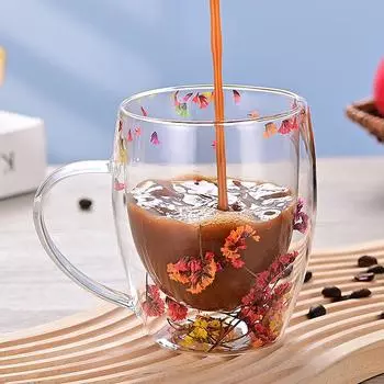 Креативная стеклянная чашка с двойными стенками, настоящий цветок, раковина, стеклянные чашки с наполнителем, подарки для рук, чашки из боросиликатного стекла с ручками