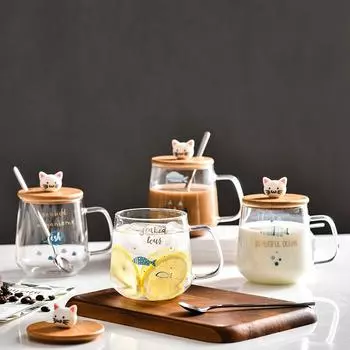Креативная стеклянная кружка с изображением мультяшного кота и рыбы, с крышкой-ложкой, стаканы для питья напитков, необычный набор чашек для чая, кофейные кружки, посуда для напитков 1pcs