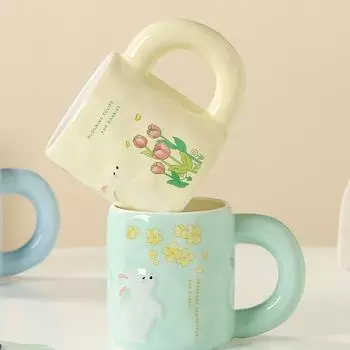 Креативная тисненая перламутровая глазурь с маленьким белым кроликом, керамическая кружка, высокая чашка для питья для домашнего офиса, кофе с молоком 400ml розовый