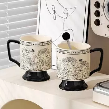 Креативная винтажная керамическая чашка с ручкой, термостойкая кофейная кружка с розовым узором, высокая чайная чашка для рождественских подарков 430ml