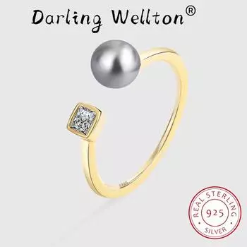 Креативное асимметричное жемчужное квадратное кольцо для пары из серебра 925 пробы для женщин, модное оригинальное ювелирное изделие из стерлингового серебра на юбилей, свадебные украшения Resizable золотой