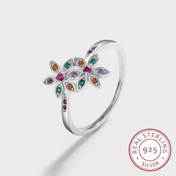 Креативное кольцо для пары с радужным изумрудом и рубином с двойным цветком для женщин, оригинальное настоящее стерлинговое серебро, подарок на день Святого Валентина, ювелирные изделия 6 серебряный