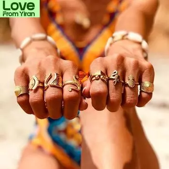 Креативное кольцо из сплава металла для женщин, богемный ананас, змея, 9 колец, комплект из золотых модных ювелирных изделий