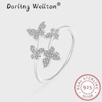Креативное кольцо с четырьмя бабочками и бриллиантами, пара S925, серебряное кольцо для женщин, серебряное ювелирное изделие в подарок на день Святого Валентина, модное кольцо с бабочкой, ювелирные изделия из стерлингового серебра Resizable серебряный