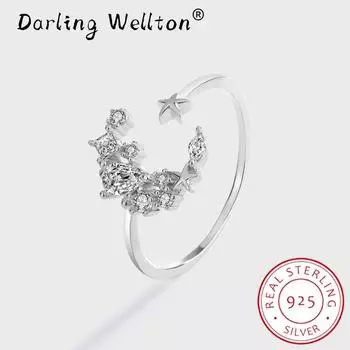 Креативное кольцо со звездой и луной, круглое кольцо для пары с бриллиантами для женщин, U-образное оригинальное настоящее стерлинговое серебро, подарок на День Святого Валентина, ювелирные изделия Resizable серебряный