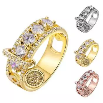 Креативное металлическое кольцо с подвеской в виде полого кольца с кубическим цирконием и стразами, женские ювелирные изделия Us9 серебряный