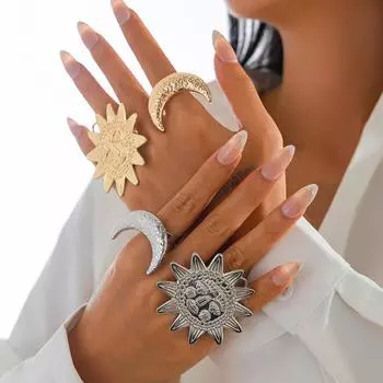 Креативное преувеличенное кольцо с изображением подсолнуха и луны, золотое, серебряное, панк-мода, новое большое открытое кольцо на костяшку для женщин, вечерние, счастливые подарки на кольца
