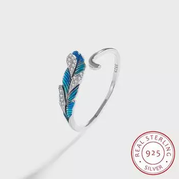 Креативное регулируемое кольцо для пар с перьями и сапфиром, полное цирконовое отверстие для женщин, оригинальное стерлинговое серебро, подарок на Хэллоуин, ювелирные изделия синий